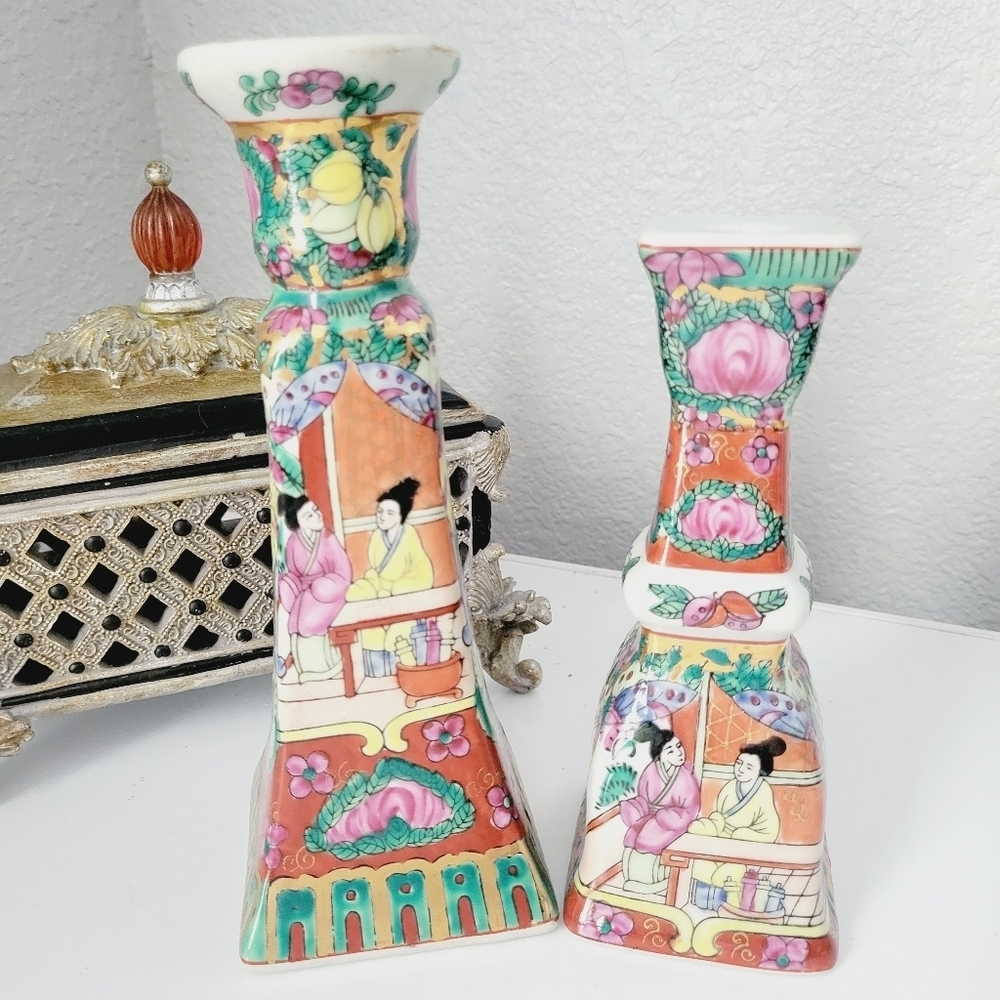 Vintage Yin Lin Art & Treasure of China set 2 candle holders.Asian/Multicolored - Picture 1 of 9